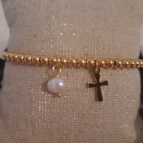 Gold Beaded Bracelet with Gold Cross Charm & Faux Pearl Charm - Picture 4 of 7